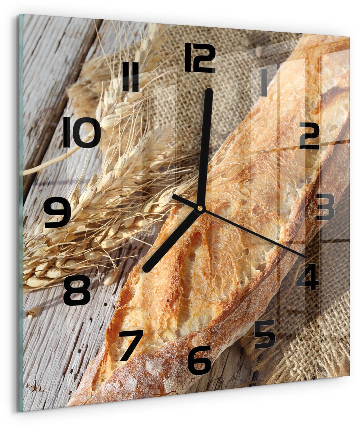 TULUP Wandklok - Verse baguette Glazen Klok Met Print - 30x30 cm - Beige Wandklok Glas Met Motief - Zwarte handen - Vierkante Klok - Wandklok Glas Decoratie - Gekleurde Glazen Klok