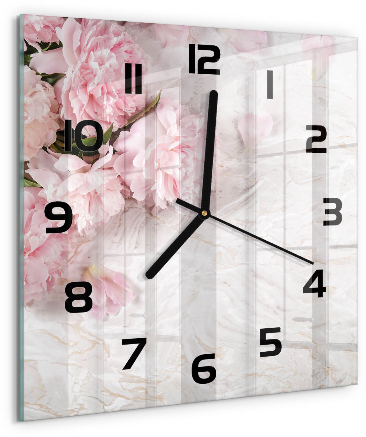 TULUP Wandklok - Pioenrozen Glazen Wandklok Design - 30x30 cm - Roze Klok Glas Met Opdruk - Zwarte handen - Vierkante Klok - Wandklok Glas Met Motief - Decoratieve Glazen Klok