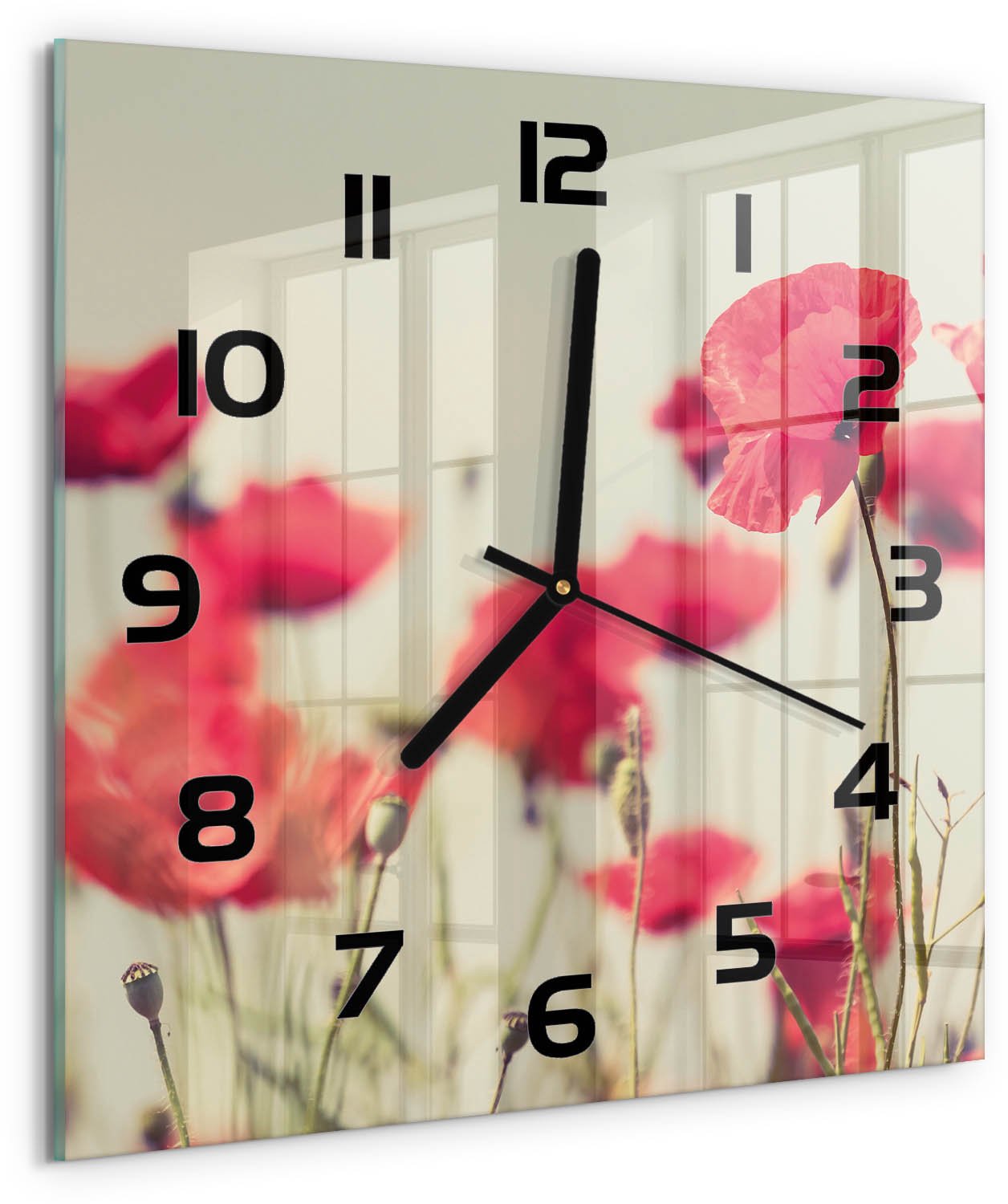 TULUP Wandklok - Veldklaproos Glazen Wandklok Design - 30x30 cm - Rood Klok Glas Met Opdruk - Zwarte handen - Vierkante Klok - Wandklok Glas Met Motief - Decoratieve Glazen Klok
