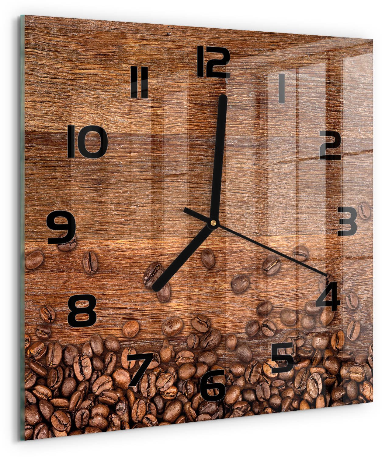 TULUP Wandklok - Koffiebonen Glazen Klok Met Print - 30x30 cm - Bruin Wandklok Glas Met Motief - Zwarte handen - Vierkante Klok - Wandklok Glas Decoratie - Gekleurde Glazen Klok