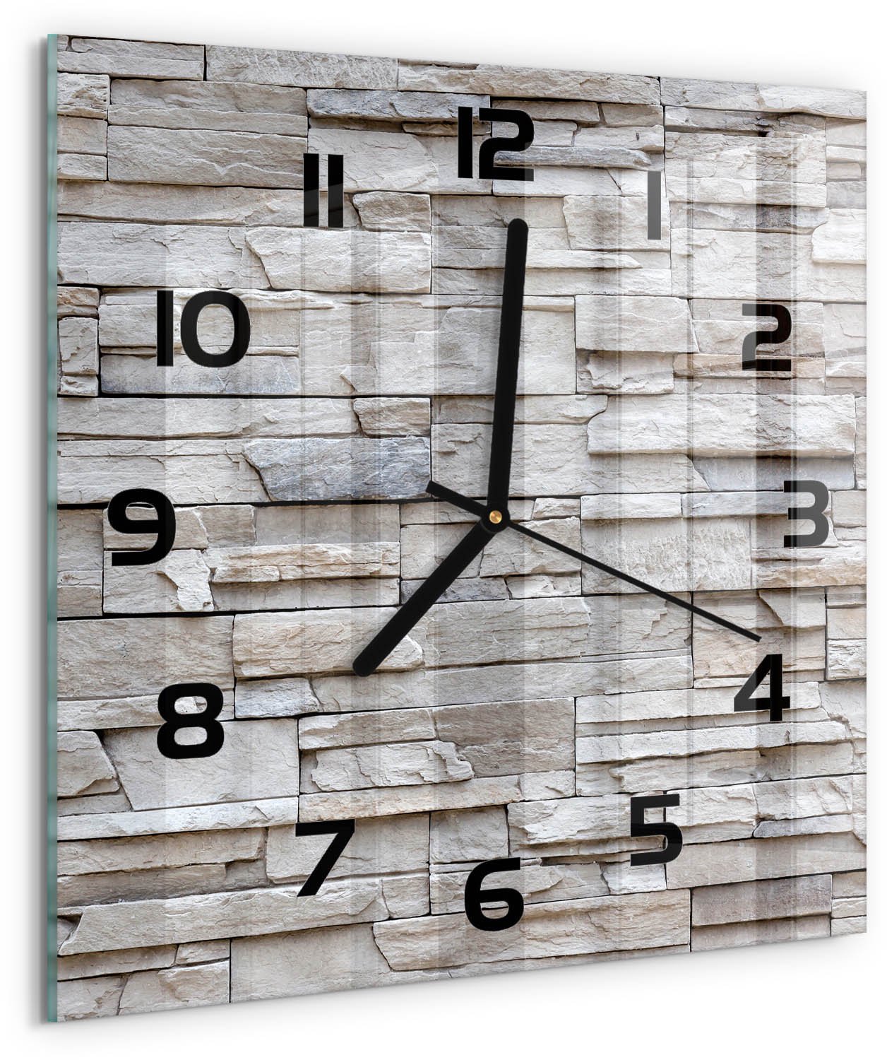TULUP Wandklok - Stenen muur Wandklok Glas Decoratie - 30x30 cm - Beige Gekleurde Glazen Klok - Zwarte handen - Vierkante Klok - Klok Glas Met Opdruk - Moderne Wandklok Glas