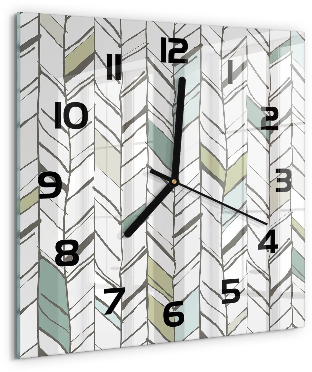 TULUP Wandklok - Visgraatpatroon Glazen Wandklok Design - 30x30 cm - Groente Klok Glas Met Opdruk - Zwarte handen - Vierkante Klok - Wandklok Glas Met Motief - Decoratieve Glazen Klok