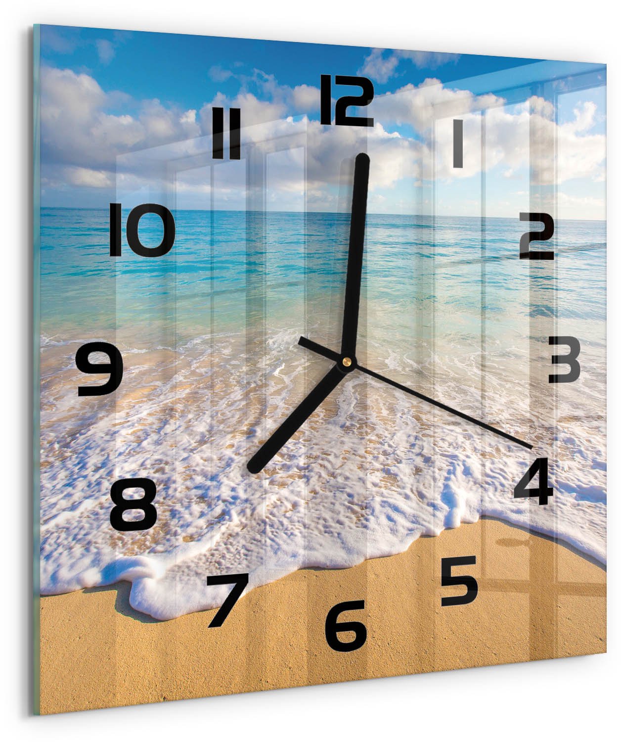 TULUP Wandklok - Hawaiiaans strand Gekleurde Glazen Klok - 30x30 cm - Blauw Glazen Klok Met Print - Zwarte handen - Vierkante Klok - Moderne Wandklok Glas - Wandklok Glas Decoratie
