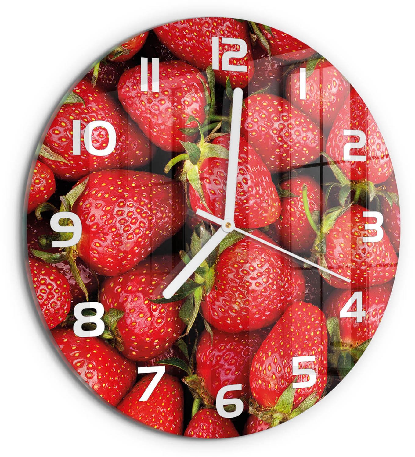 TULUP Wandklok - Aardbeien Wandklok Glas Met Motief - fi30 cm - Rood Decoratieve Glazen Klok - Witte handen - Ronde Klok - Gekleurde Glazen Klok - Glazen Klok Met Print