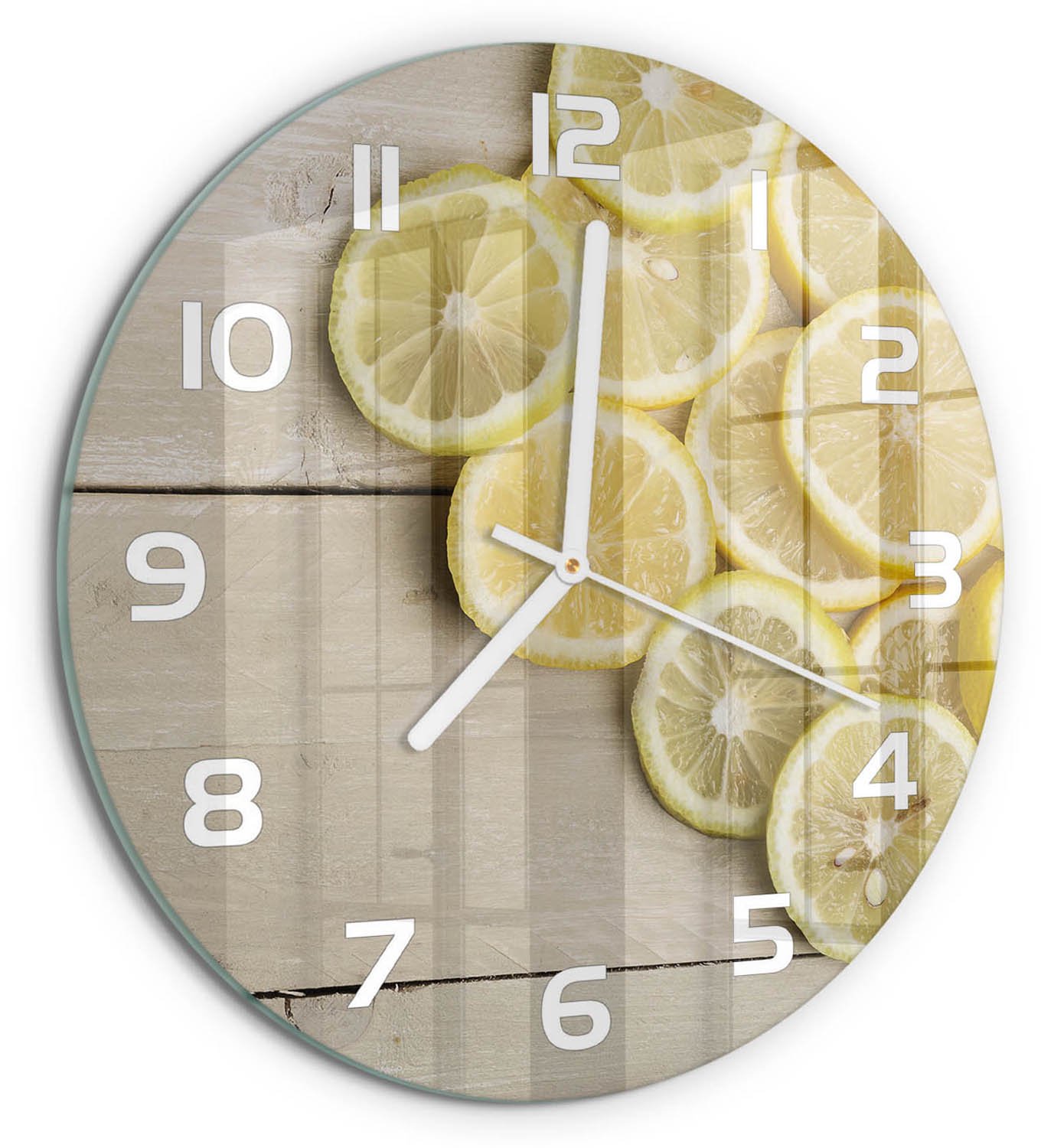 TULUP Wandklok - Citroenhout Glazen Klok Met Print - fi30 cm - Geel Wandklok Glas Met Motief - Witte handen - Ronde Klok - Wandklok Glas Decoratie - Gekleurde Glazen Klok