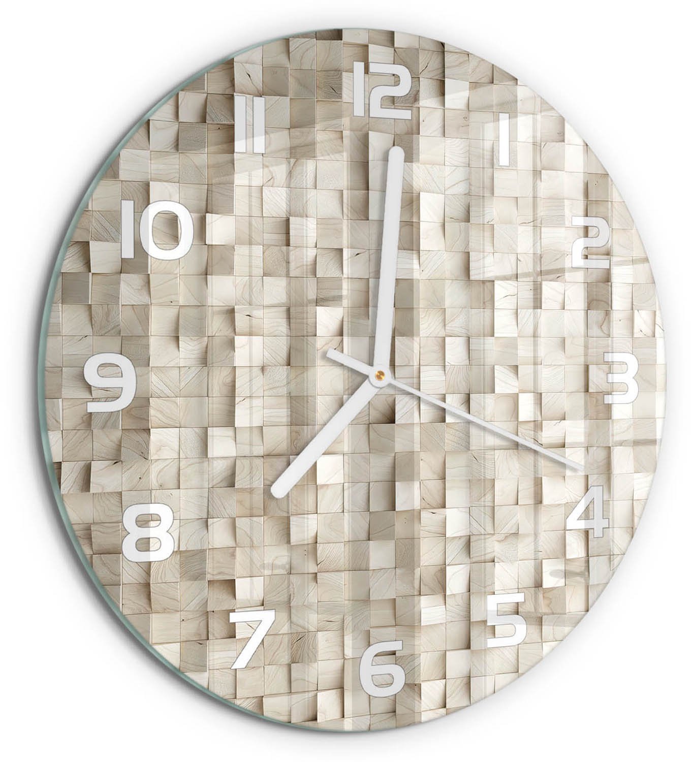 TULUP Wandklok - Houten kubussen Wandklok Glas Decoratie - fi30 cm - Beige Gekleurde Glazen Klok - Witte handen - Ronde Klok - Klok Glas Met Opdruk - Moderne Wandklok Glas