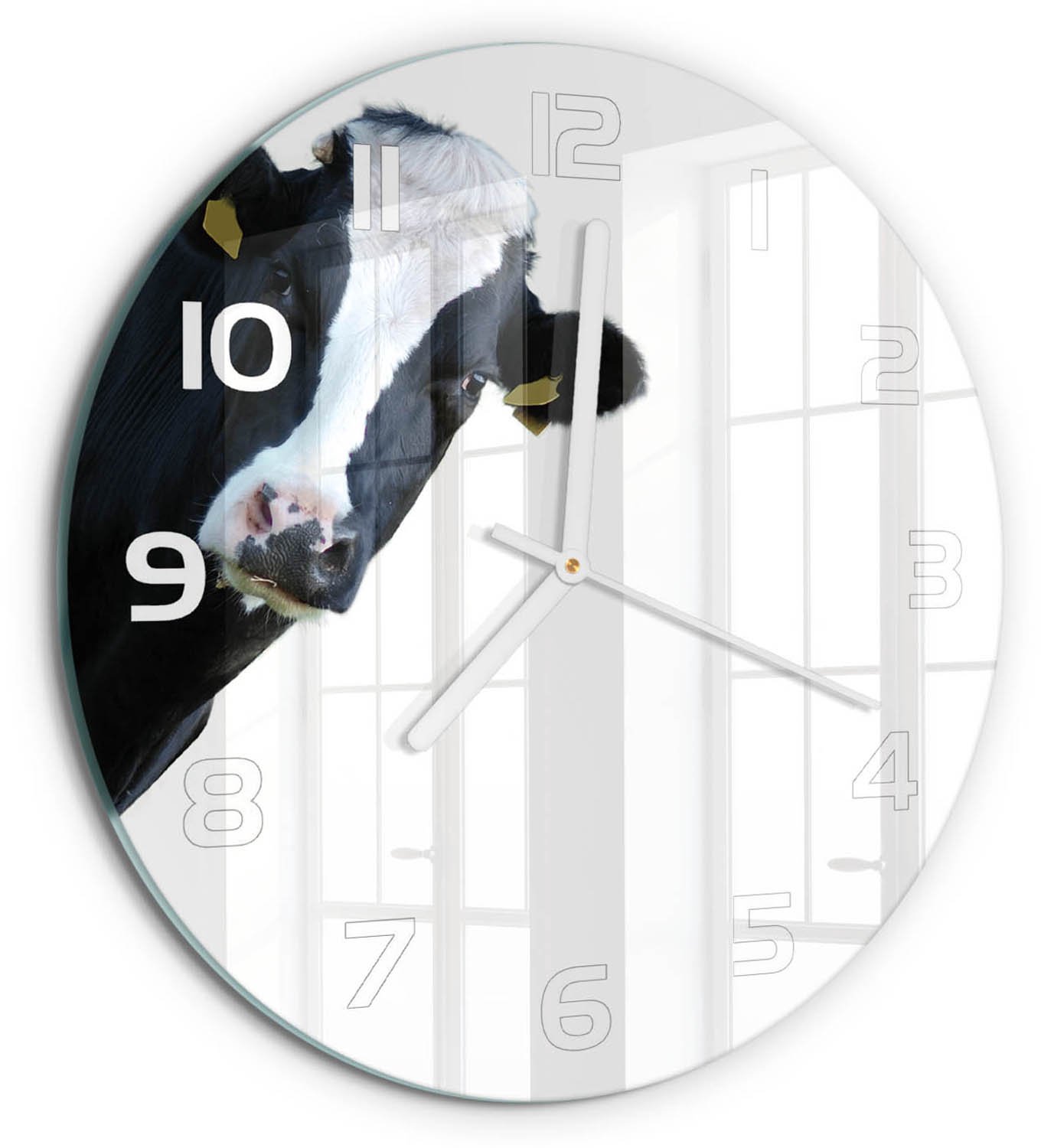 TULUP Wandklok - Koe Wandklok Glas Met Motief - fi30 cm - Zwart-wit Decoratieve Glazen Klok - Witte handen - Ronde Klok - Gekleurde Glazen Klok - Glazen Klok Met Print