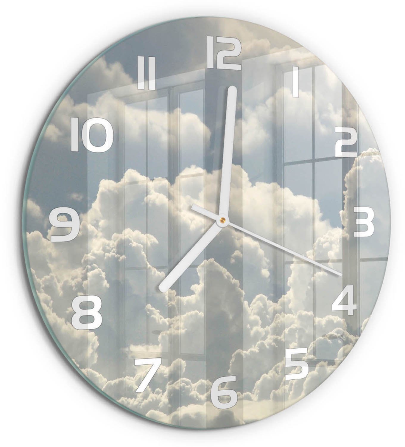 TULUP Wandklok - Wolken Moderne Wandklok Glas - fi30 cm - Wit Wandklok Glas Decoratie - Witte handen - Ronde Klok - Glazen Wandklok Design - Klok Glas Met Opdruk