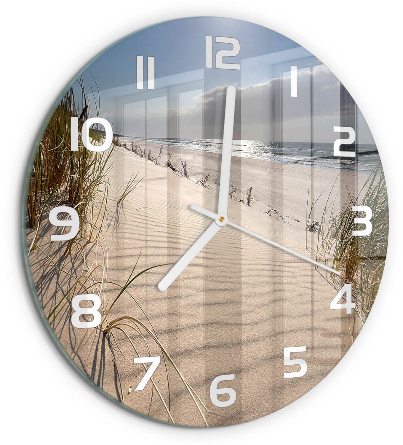 TULUP Wandklok - Mrzeżyno-strand Gekleurde Glazen Klok - fi30 cm - Beige Glazen Klok Met Print - Witte handen - Ronde Klok - Moderne Wandklok Glas - Wandklok Glas Decoratie