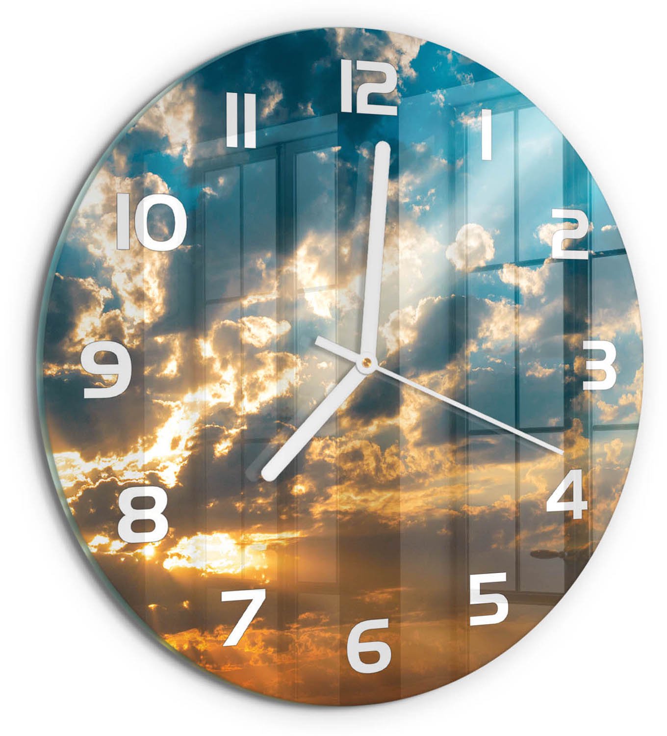 TULUP Wandklok - Hemel bij zonsondergang Decoratieve Glazen Klok - fi30 cm - Veelkleurig Glazen Wandklok Design - Witte handen - Ronde Klok - Glazen Klok Met Print - Wandklok Glas Met Motief