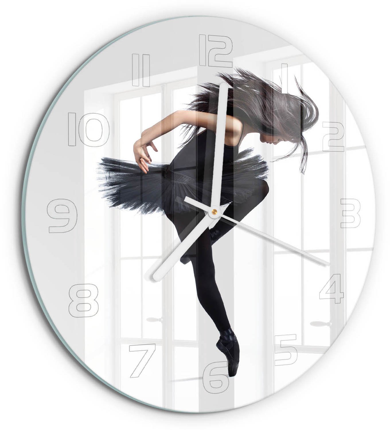 TULUP Wandklok - Ballerina Gekleurde Glazen Klok - fi30 cm - Zwart Glazen Klok Met Print - Witte handen - Ronde Klok - Moderne Wandklok Glas - Wandklok Glas Decoratie