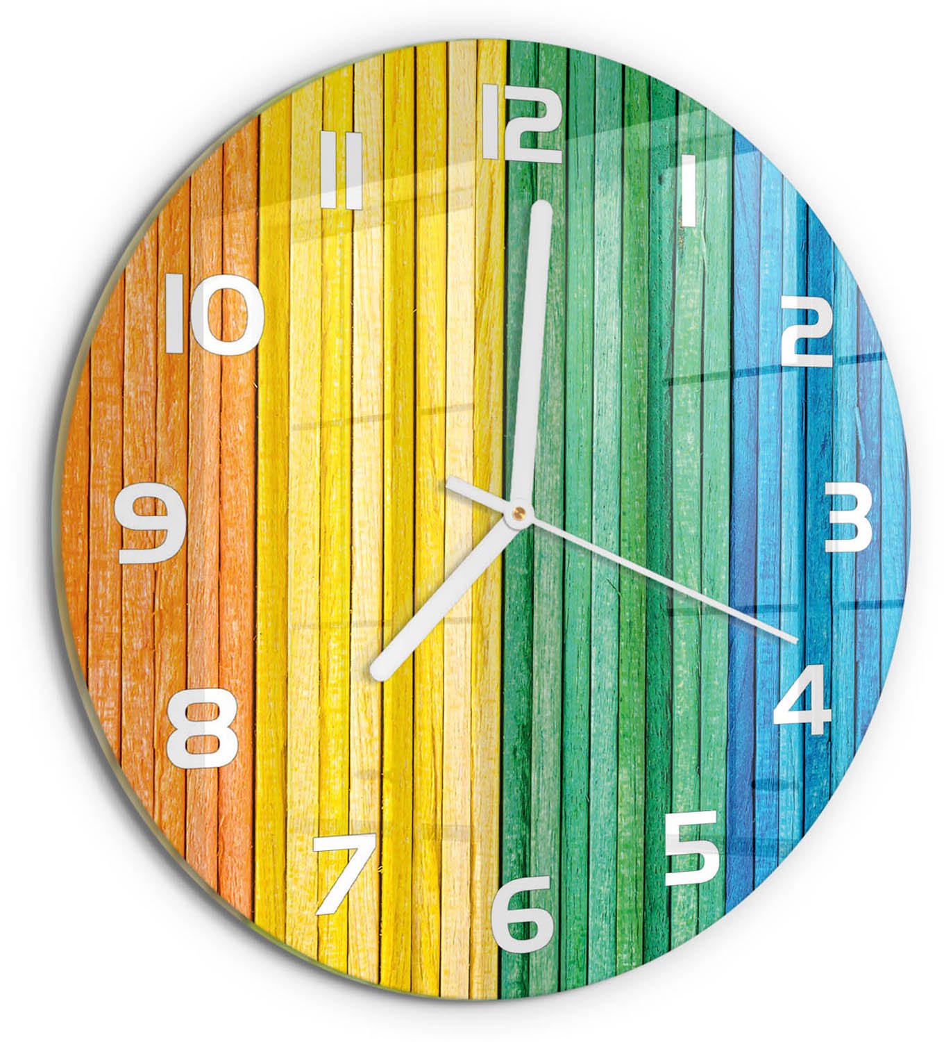 TULUP Wandklok - Kleurrijke strepen Gekleurde Glazen Klok - fi30 cm - Veelkleurig Glazen Klok Met Print - Witte handen - Ronde Klok - Moderne Wandklok Glas - Wandklok Glas Decoratie