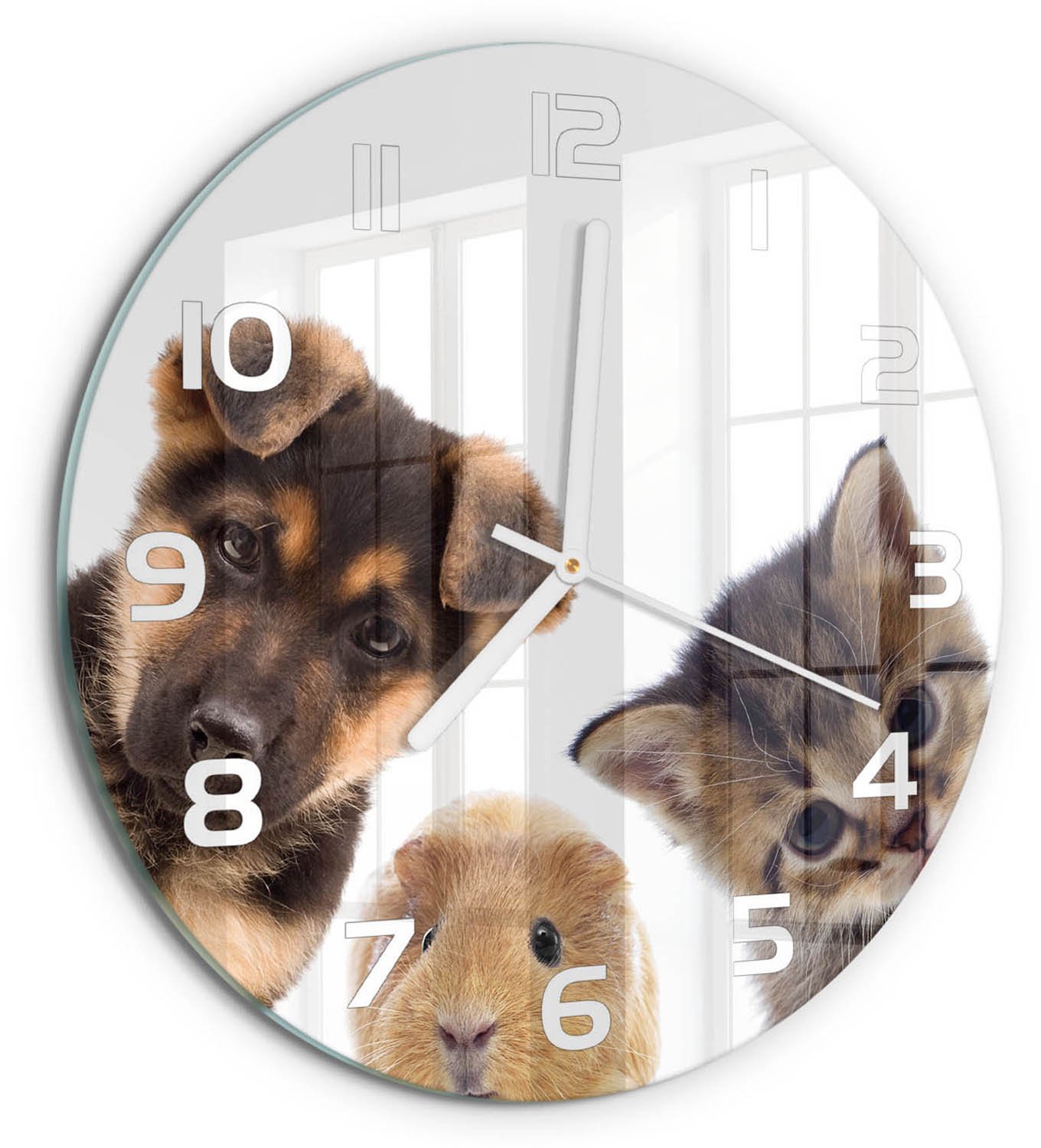 TULUP Wandklok - Huisdieren Gekleurde Glazen Klok - fi30 cm - Bruin Glazen Klok Met Print - Witte handen - Ronde Klok - Moderne Wandklok Glas - Wandklok Glas Decoratie