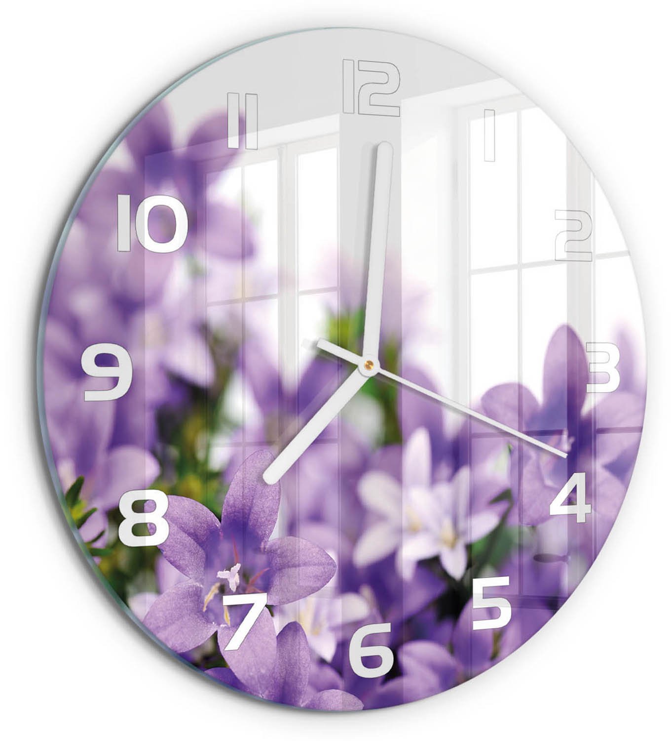 TULUP Wandklok - Paarse klokjes Klok Glas Met Opdruk - fi30 cm - Paars Moderne Wandklok Glas - Witte handen - Ronde Klok - Decoratieve Glazen Klok - Glazen Wandklok Design