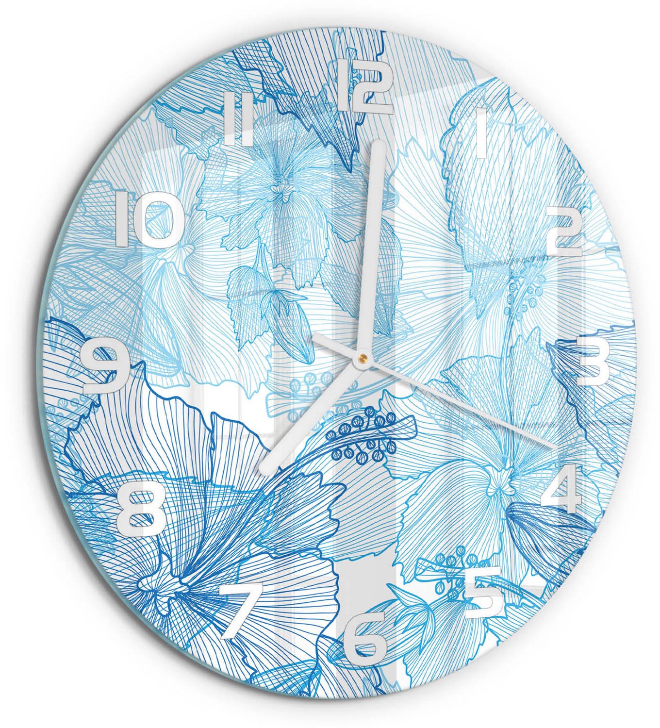 TULUP Wandklok - Hawaiiaanse bloemen Glazen Klok Met Print - fi30 cm - Blauw Wandklok Glas Met Motief - Witte handen - Ronde Klok - Wandklok Glas Decoratie - Gekleurde Glazen Klok
