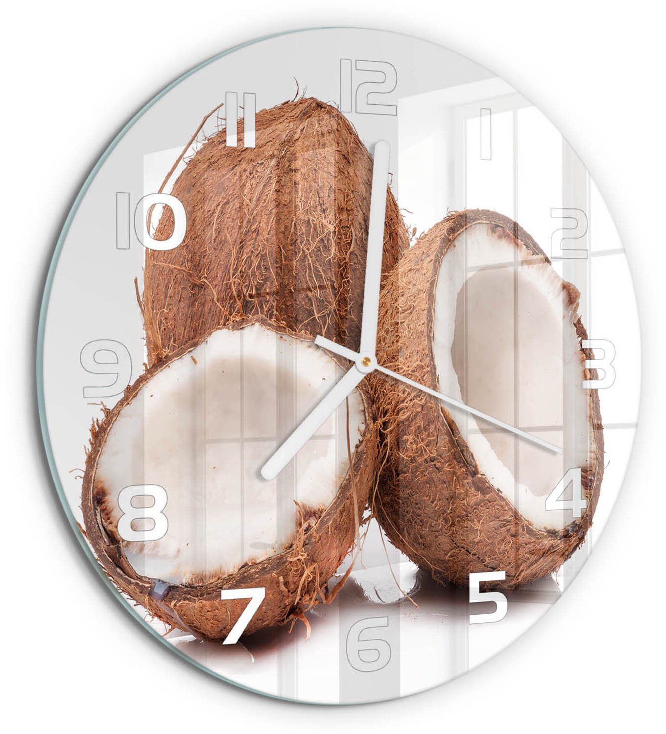 TULUP Wandklok - Kokosnoot Wandklok Glas Met Motief - fi30 cm - Bruin Decoratieve Glazen Klok - Witte handen - Ronde Klok - Gekleurde Glazen Klok - Glazen Klok Met Print