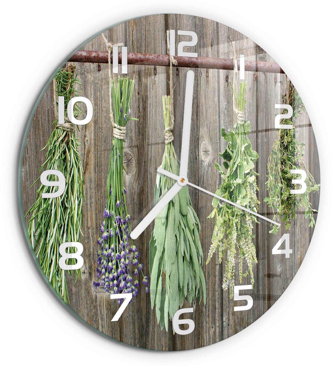 TULUP Wandklok - Kruiden aan een touwtje Glazen Klok Met Print - fi30 cm - Groente Wandklok Glas Met Motief - Witte handen - Ronde Klok - Wandklok Glas Decoratie - Gekleurde Glazen Klok