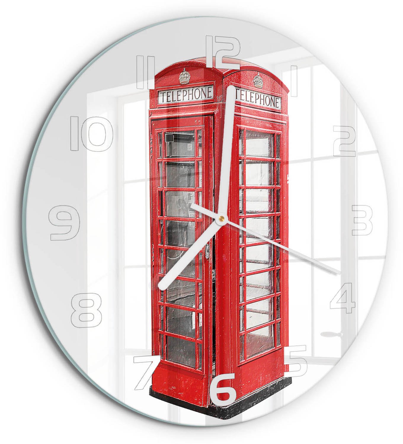 TULUP Wandklok - Openbare telefoon Gekleurde Glazen Klok - fi30 cm - Rood Glazen Klok Met Print - Witte handen - Ronde Klok - Moderne Wandklok Glas - Wandklok Glas Decoratie