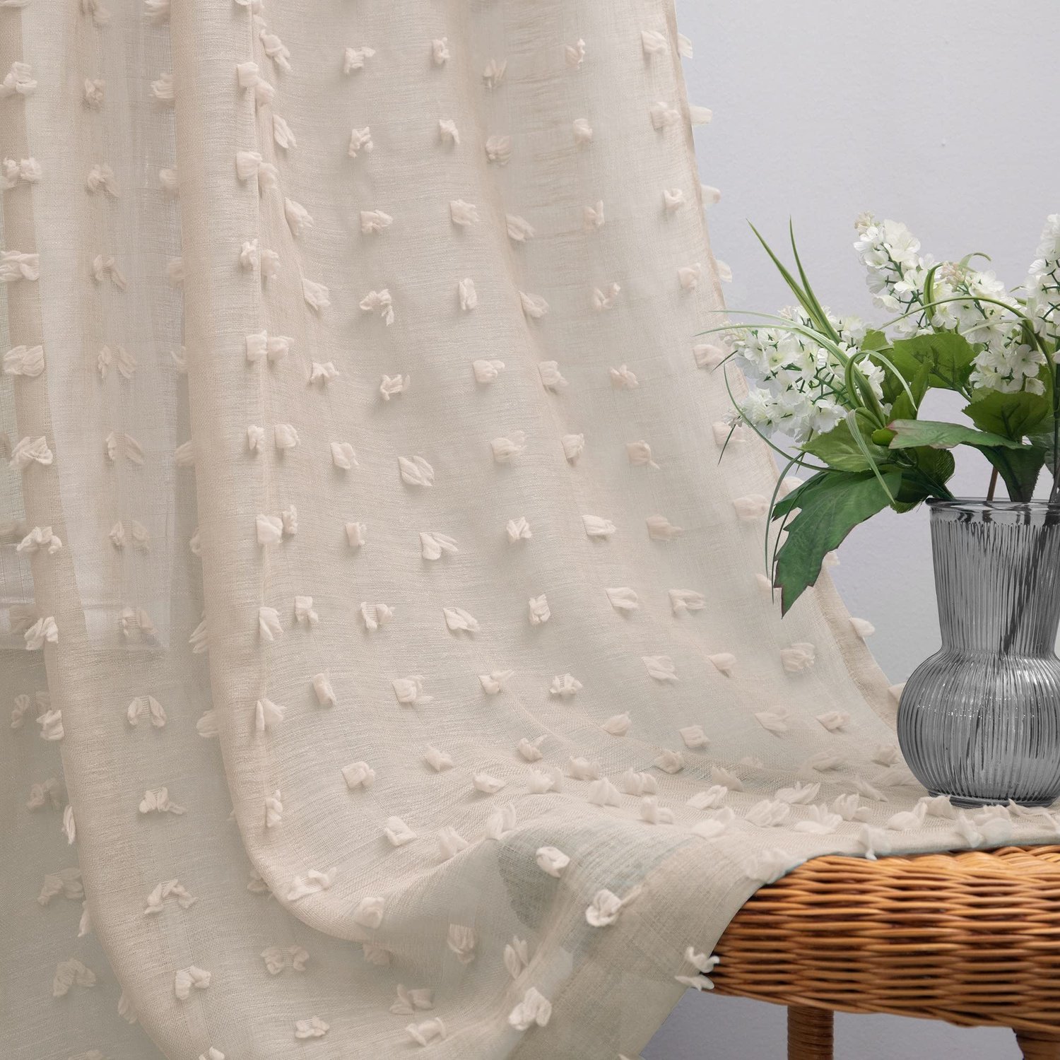 KOUFALL Tan Curtains 96 Inches Long for Bedroom Soft Pom Pom Boho Light Weight Sheer Cozy Curtains for Living Room - ShopVlot