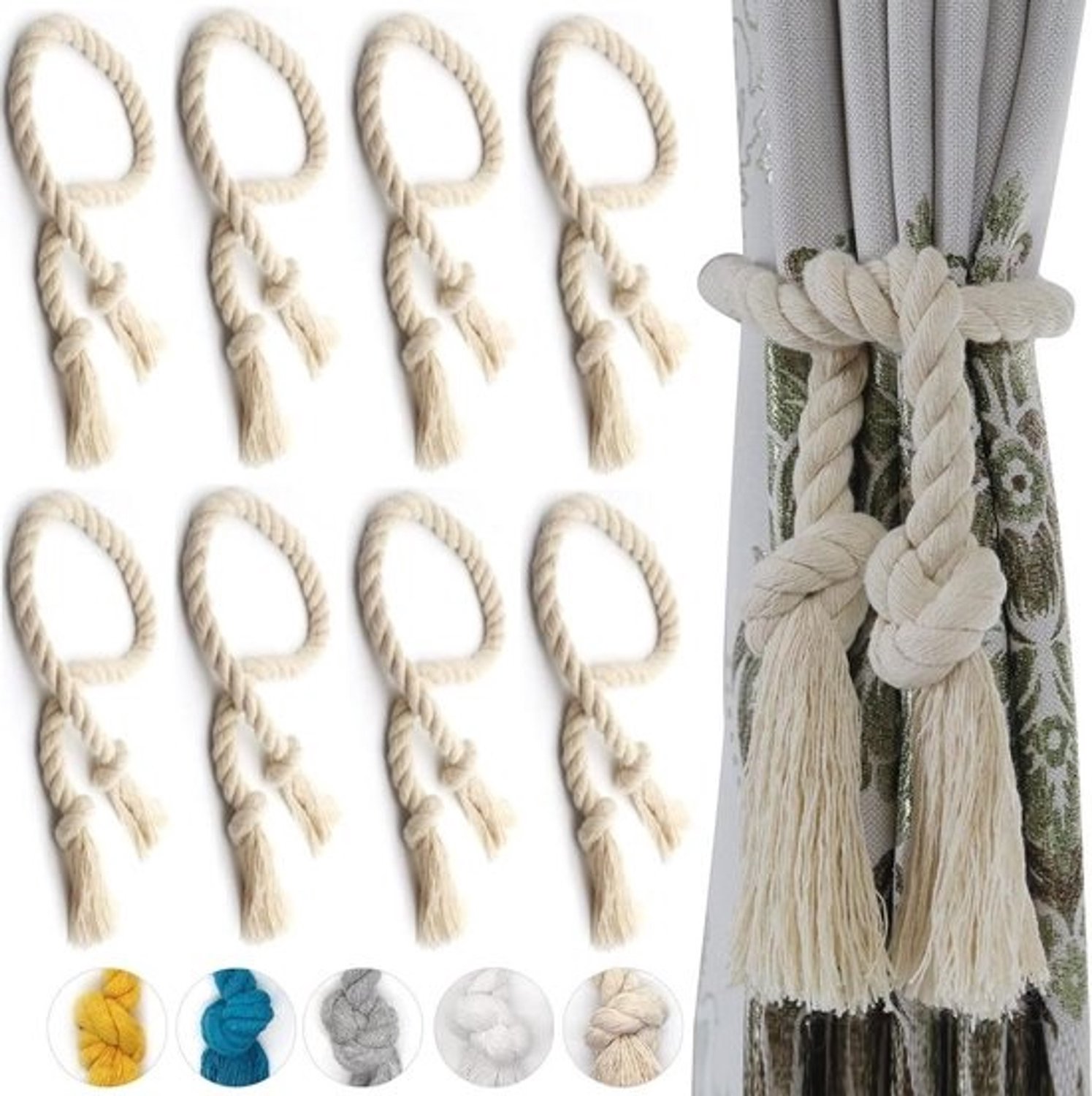 Gordijnbanden - Gordijnhouders Touw - Gordijnen Ophangen - Natuurlijk Katoen - 8 Stuks - Beige