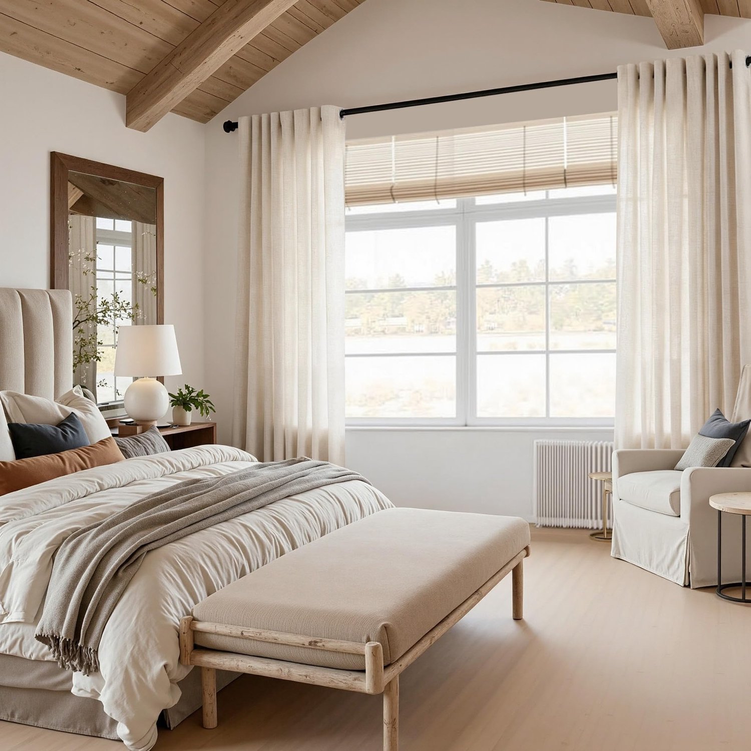 MYSKY HOME Set van 2 korte gordijnen, linnenlook, met oogjes, halftransparant, voor woonkamer, natuurlijke stijl - ShopVlot