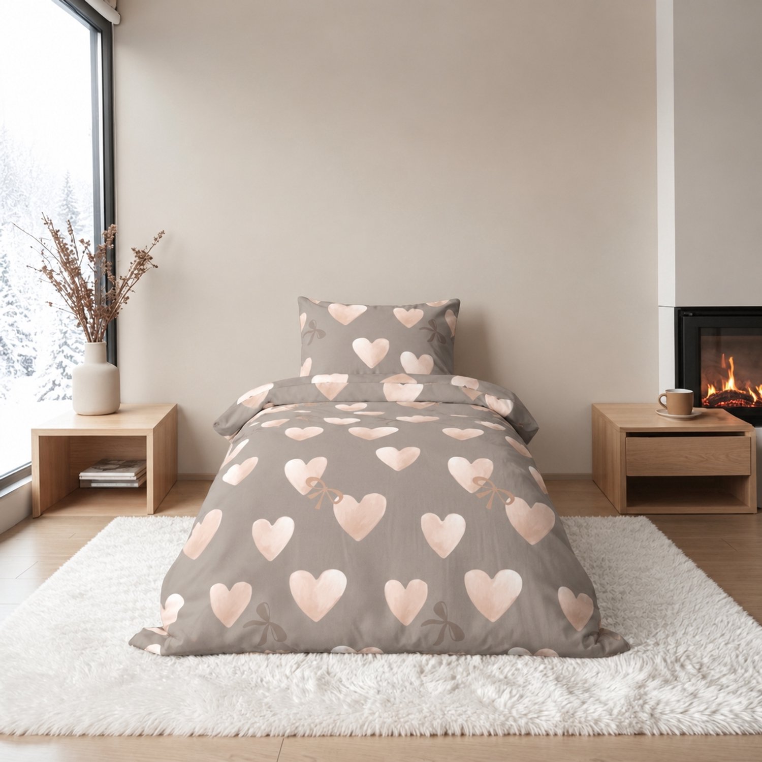 Dekbedovertrek Flanel - Winter - 1 persoon - 140 x 200 cm - Hartjes
