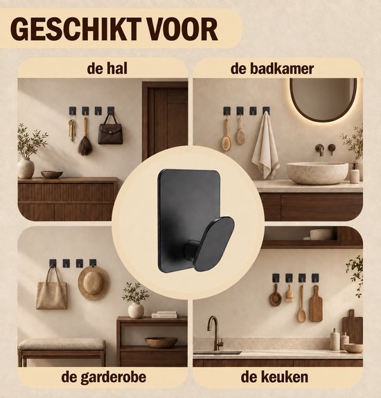 Collage van vier ruimtes met zwarte haken, waaronder een hal, badkamer, garderobe en keuken.