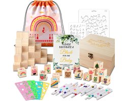 DXLing 93 pieces baby shower games building kit with 60 wooden dice for painting + 24 acrylic pens + 6 stencils + - ShopVlot