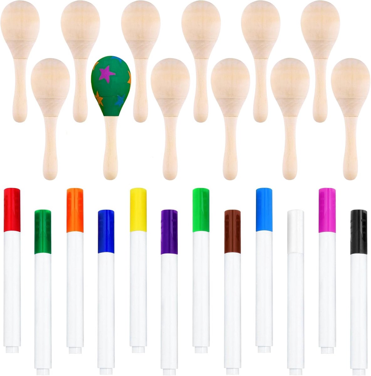 SnelShoppen - 12Pcs Mini Houten Maracas voor Kinderen met 12 Kleurrijke Acrylverf Penselen - DIY Muziek Speelgoed voor Feesten, Creatieve Activiteiten