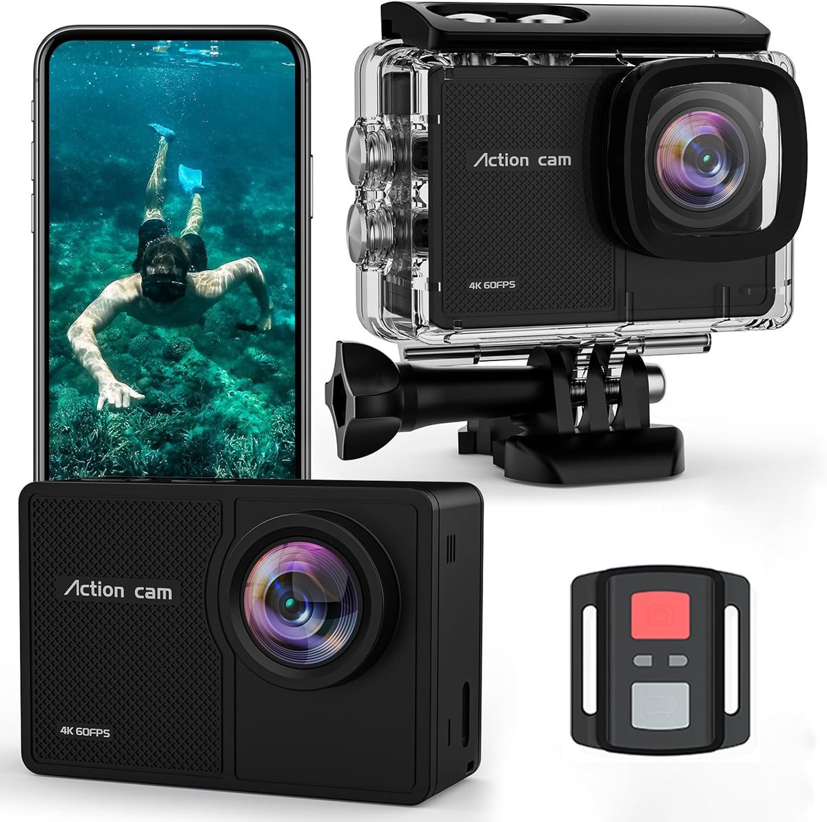 4K actiecamera, 60 fps, onderwatercamera, 48 MP, HD, wifi, met EIS, 40 m, waterdichte groothoeksportcamera, met 2 x - ShopVlot