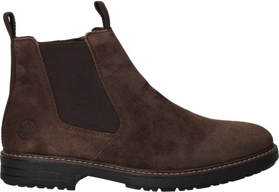 Bruine suède Rieker chelseaboot met elastische zijpanden en lussen.