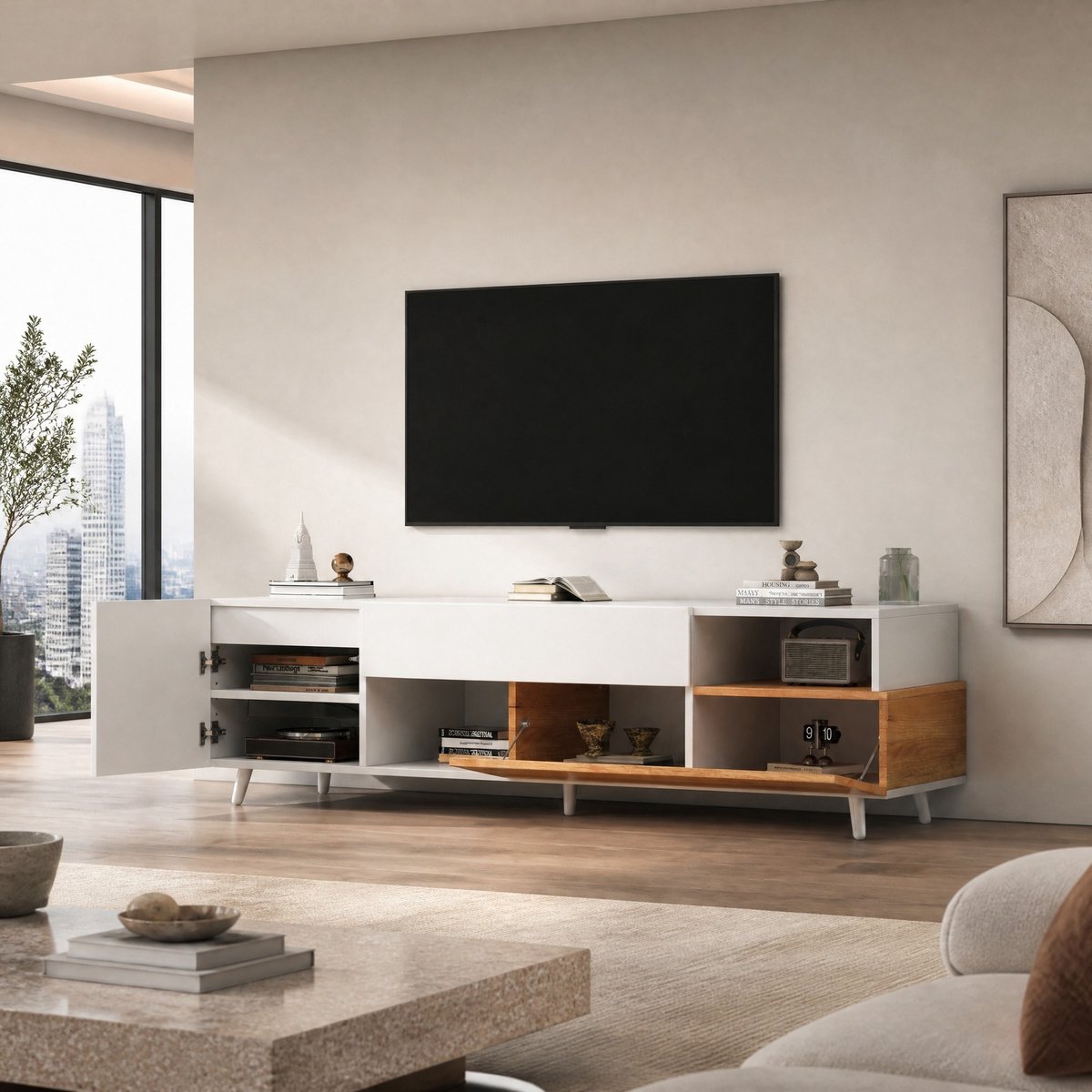 WUVRIE TV-meubel 180x38x50 cm - 1 lade, gesloten en halfopen vakken - Wit/naturel
