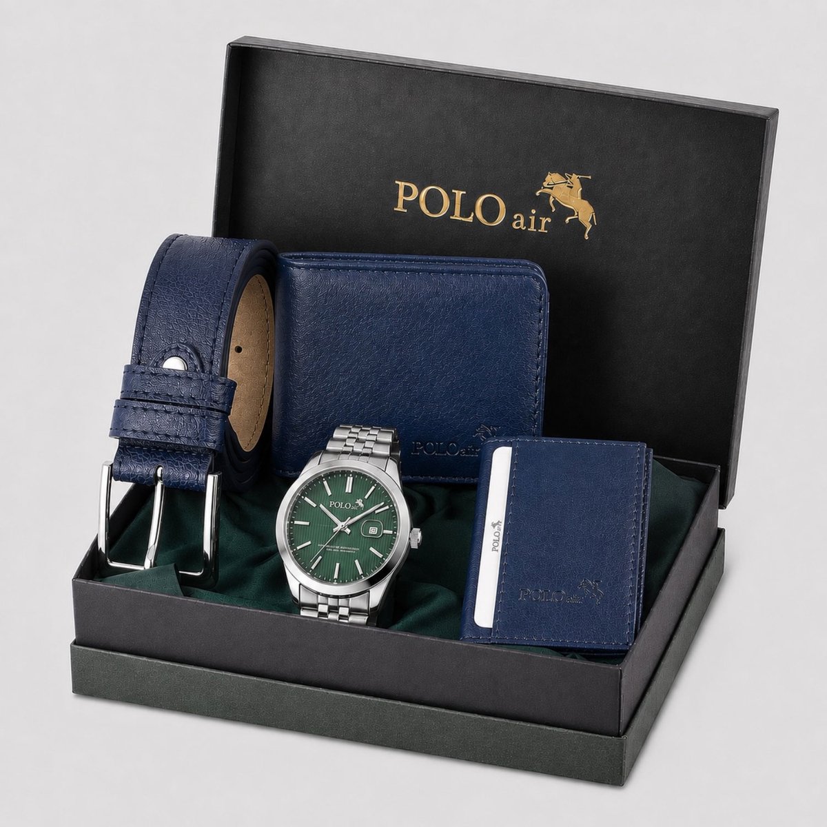Polo Air Emerald - Origineel Cadeau Man - Groen Horloge met Datum - Cadeauset Heren - Suikerfeest Cadeau - Verloving Cadeau - Verjaardagscadeau Man - Kerstcadeau - Saffierblauwe Riem, Portemonnee & Pasjeshouder in Cadeaudoos - Geschenkset Mannen