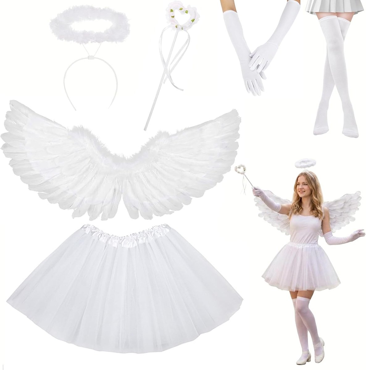 Fishing Costume, White Angel Wings with Angel Skirt, Angel Skirt, Magic Wand, Lace Gloves and Tights, Fairy Costumes - ShopVlot
