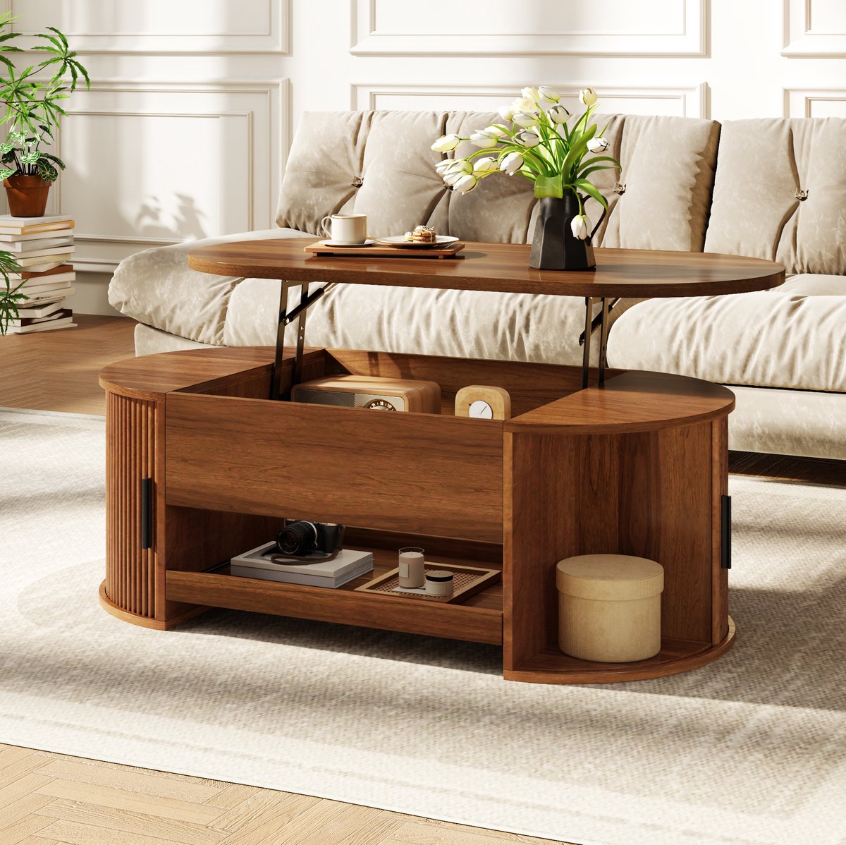 OKWISH Salontafel - Hefblad Met Schuifdeuren En Uittrekbaar Blad - Verborgen Opbergruimte Voor Woonkamer - 110 x 55 x 55 cm - MDF - Walnootkleur