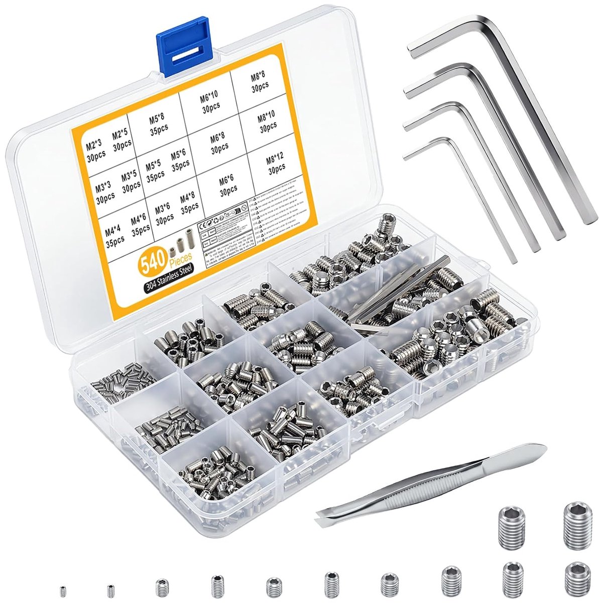 540 stuks schroefdraadstiften, zilver, M2, M3, M4, M5, M6, M8 - ShopVlot