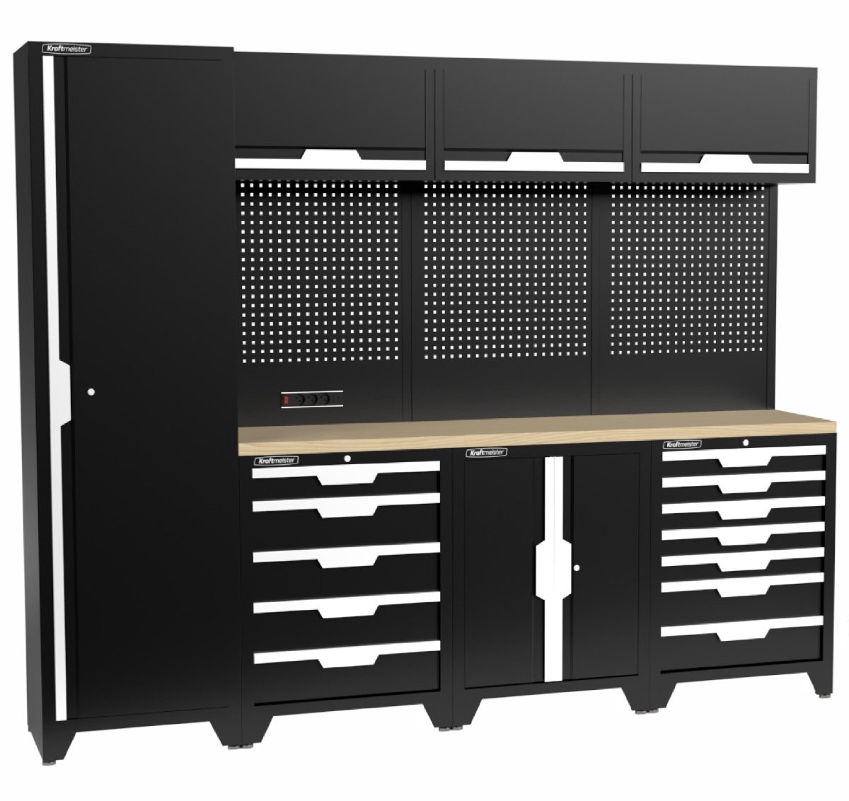 Kraftmeister werkplaatsinrichting - Werkbank met 3 wandkasten, 1 werkplaatskast, 1 opbergkast en multiplex werkblad - Werktafel met 12 laden en gereedschapswand - Complete set voor werkplaats of garage - Zwart