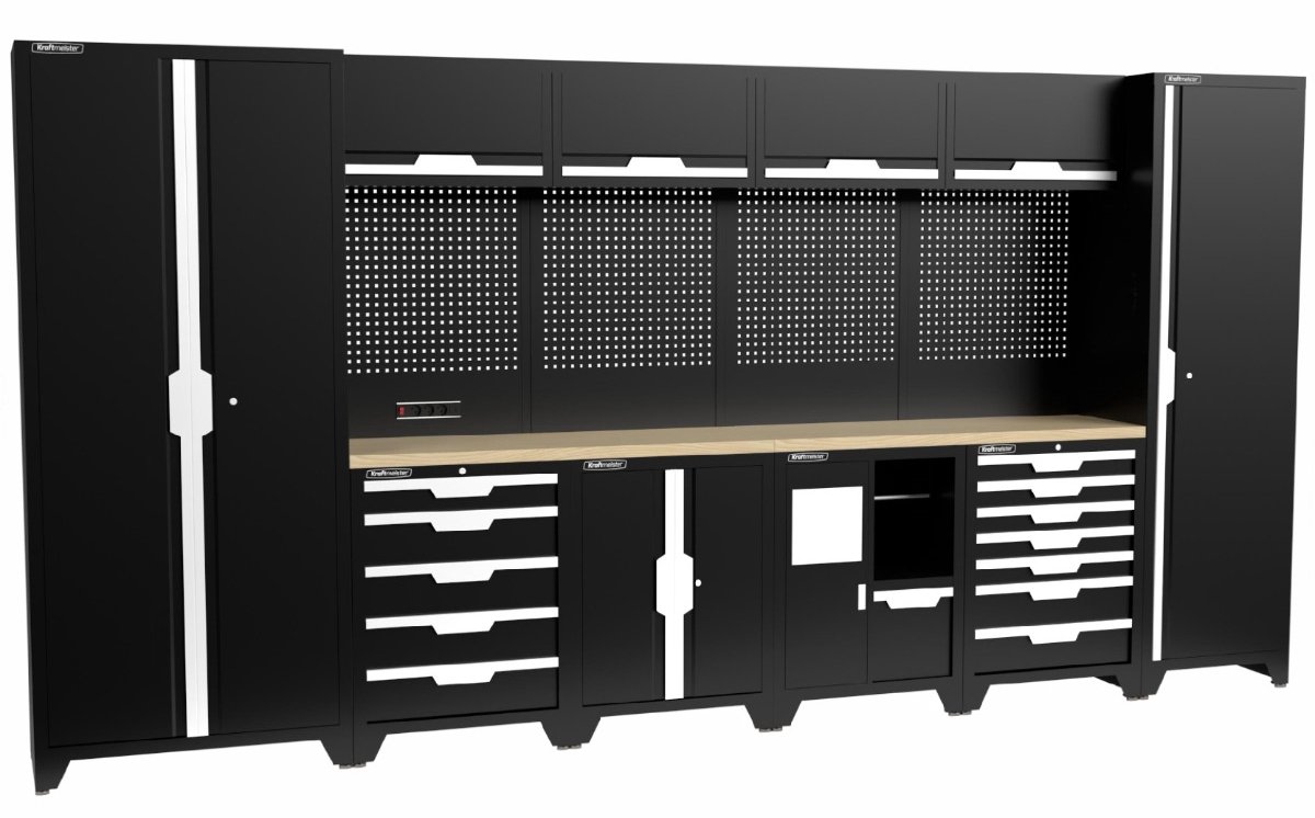 Kraftmeister werkplaatsinrichting - Werkbank met 4 wandkasten, 2 werkplaatskasten, 1 opbergkast, 1 prullenbak en multiplex werkblad - Werktafel met 12 laden en gereedschapswand - Complete set voor werkplaats of garage - Zwart