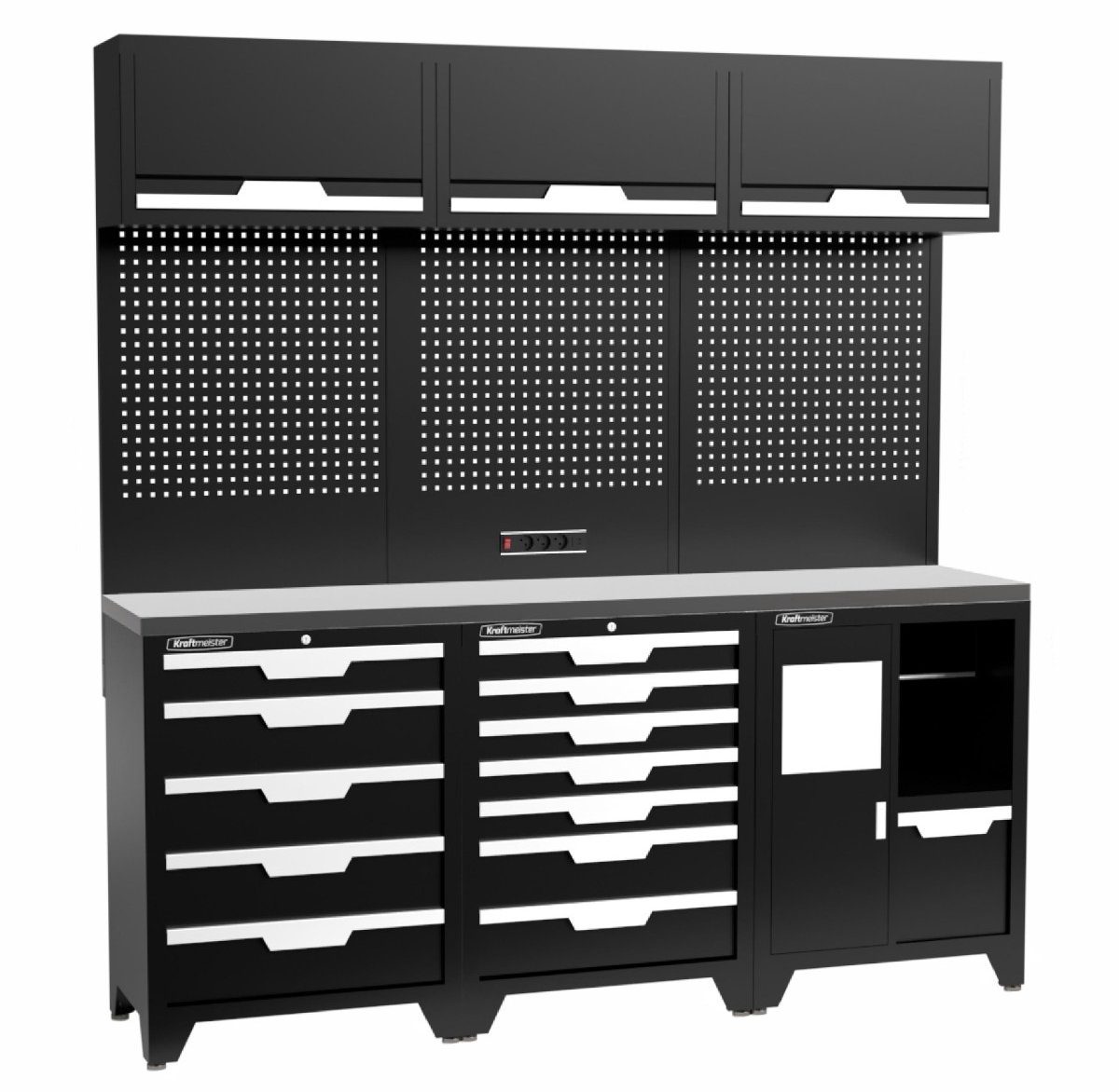 Kraftmeister werkplaatsinrichting - Werkbank met 3 wandkasten en RVS werkblad - Werktafel met 12 laden en gereedschapswand - Complete set voor werkplaats of garage - Zwart