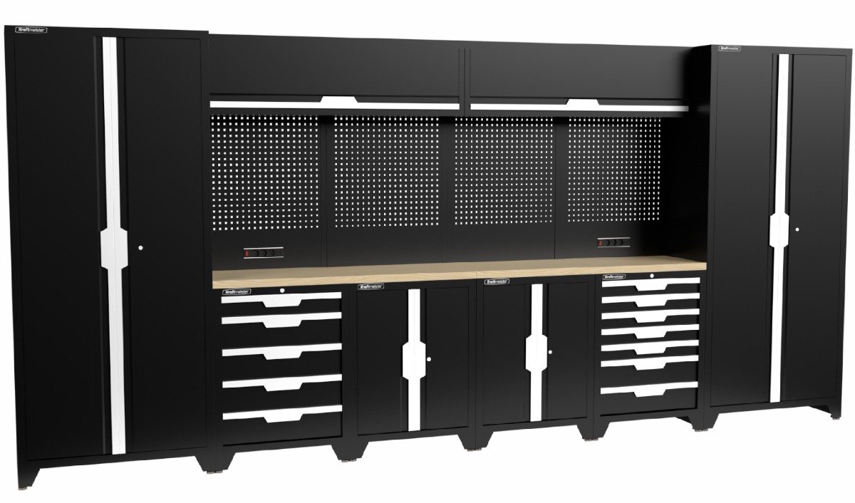 Kraftmeister werkplaatsinrichting - Werkbank met 2 wandkasten, 2 werkplaatskasten, 2 opbergkasten en multiplex werkblad - Werktafel met 12 laden en gereedschapswand - Complete set voor werkplaats of garage - Zwart
