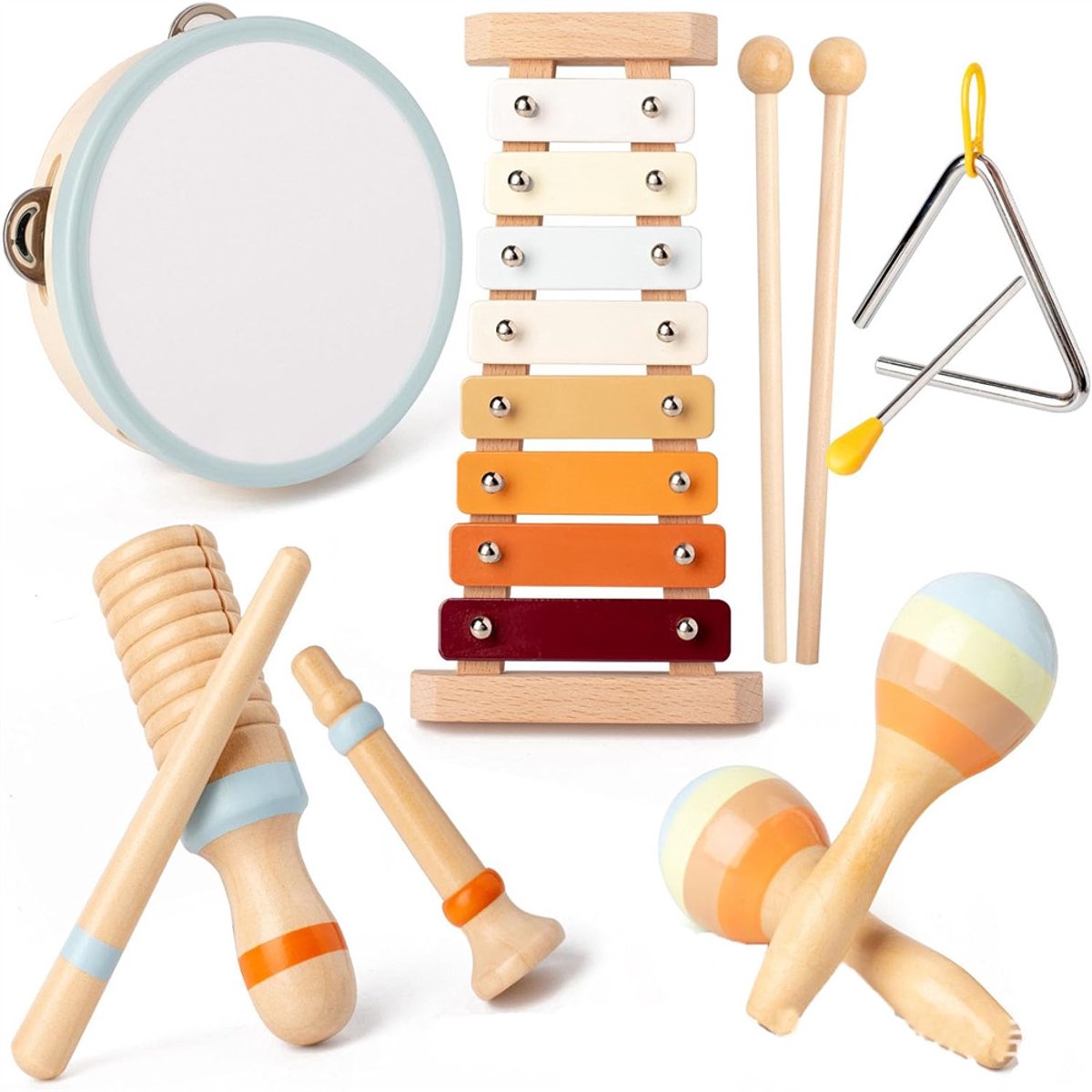 6 stuks Muziekinstrumenten voor Peuters – Montessori Muziekspeelgoed – Houten Trommel voor Baby's – Percussieset voor Kinderen – Kerst en Verjaardagscadeau voor Jongens en Meisjes