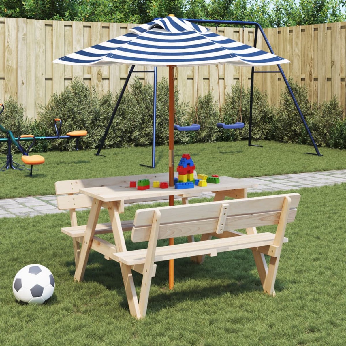 vidaXL Picknicktafel - voor - 4 - kinderen - met - parasol - massief - vurenhout blauw en wit