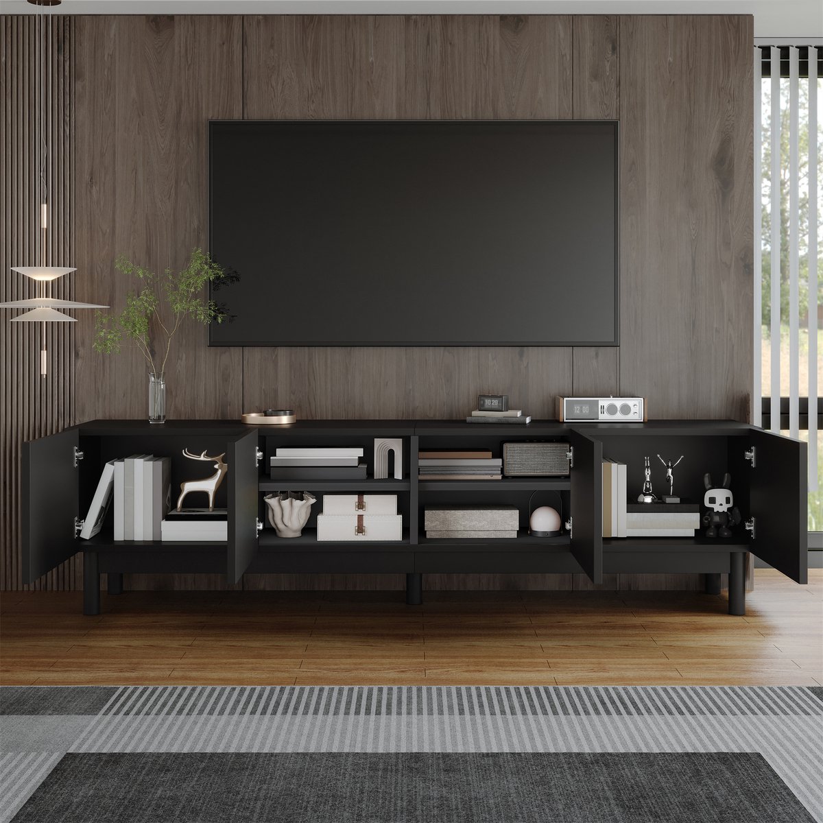 WUVRIE TV-meubel 169 x 34 x 45,5 cm - 4 deuren en opbergruimte - Greeploos - Zwart