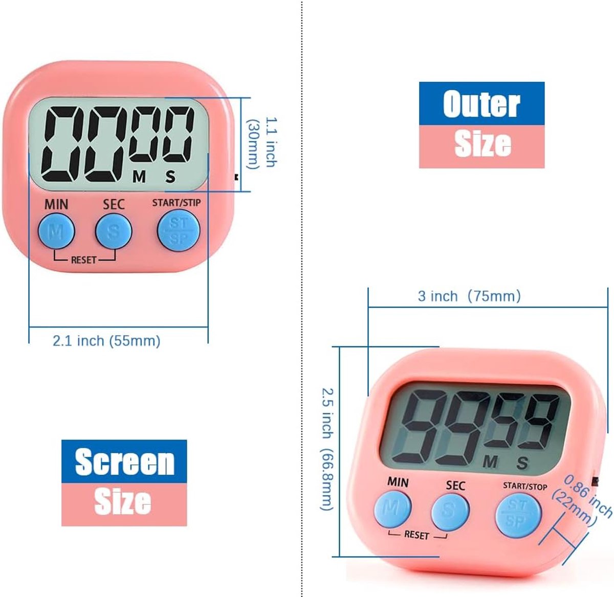 Keukentimer, magnetische achterstandaard, timers voor bakken, keuken, studeerkamer, trainingstraining, tel- en aftelklok, luid alarm (roze)