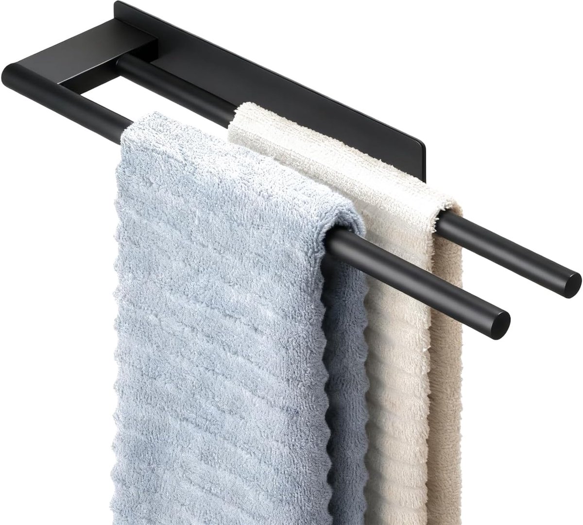 Handdoekhouder zonder boren, premium 304 roestvrij staal, handdoekstang, dubbele arm, handdoekhouder, zelfklevend, voor badkamer, douchewand, keuken (mat zwart)