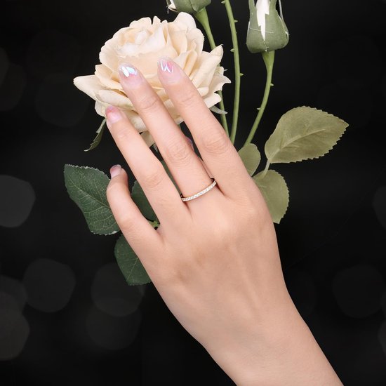 Moissanite Eternity Damesring, klassiek, 1,5 mm, moissaniet, 14K geelgoud, verguld, trouwringen voor vrouwen, voorsteekring, stapelring, bandring, smal verguld 62 — afbeelding 3