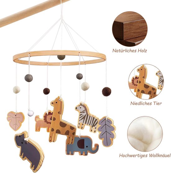 Mobiele Bosdieren, Houten Baby Mobiel Babybed Speelgoed Met Wollen Bol Giraffe Leeuw Olifant, Windspel Voor Kinderkamer Decoratie, Cadeau Voor Pasgeborenen — afbeelding 3