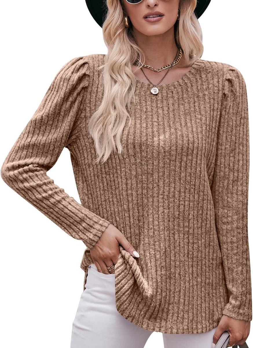 Dames elegante gebreide trui warme pofmouwen hoodie sweatshirts dames lange mouwen tops, ronde hals lange mouwen basic shirt bovenstuk losse trui herfst winter trui