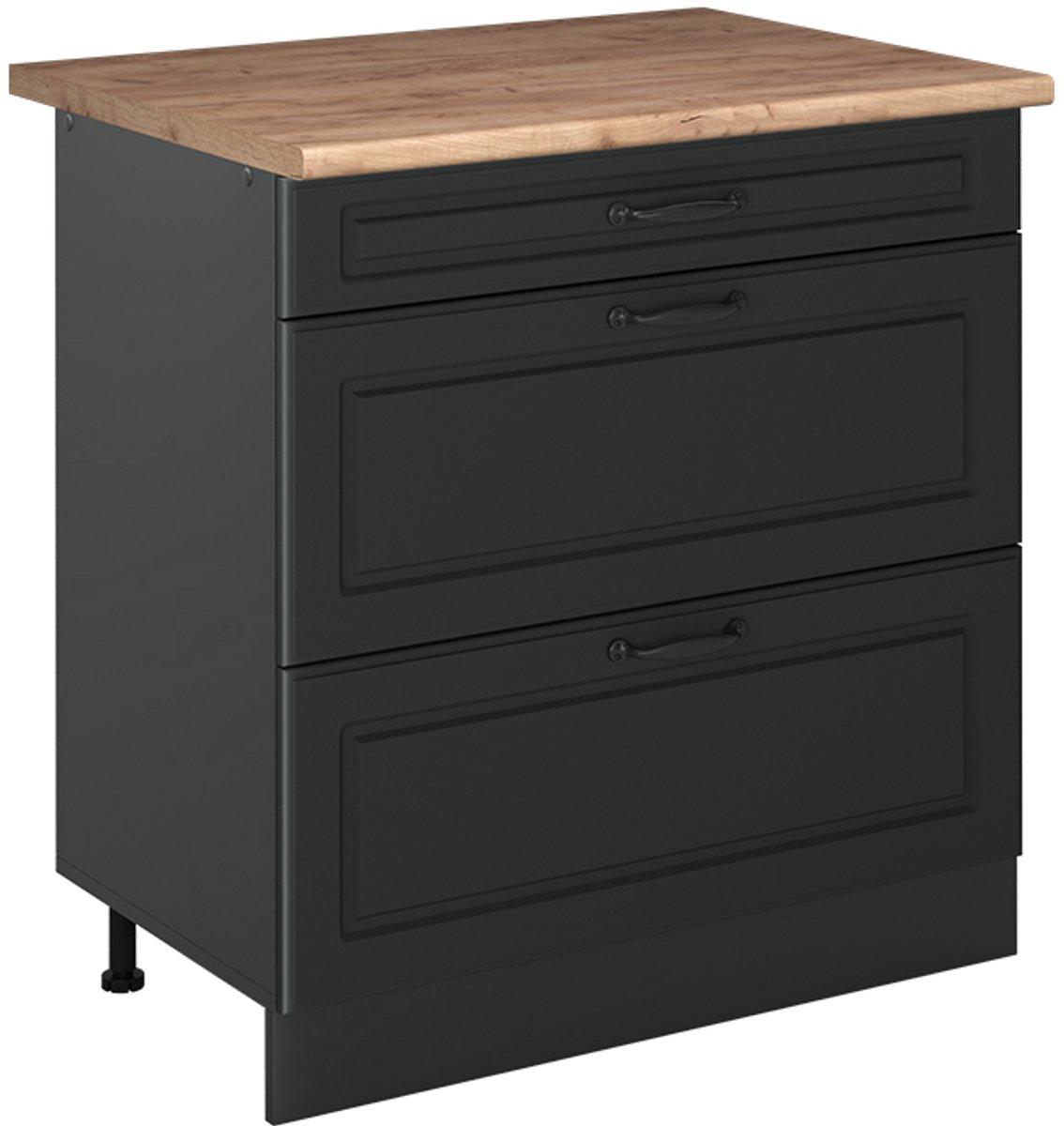 Vicco Keukenonderkast R-Line, Antraciet landelijk/Antraciet, 80 cm met 3 laden goudkleurig eiken werkblad