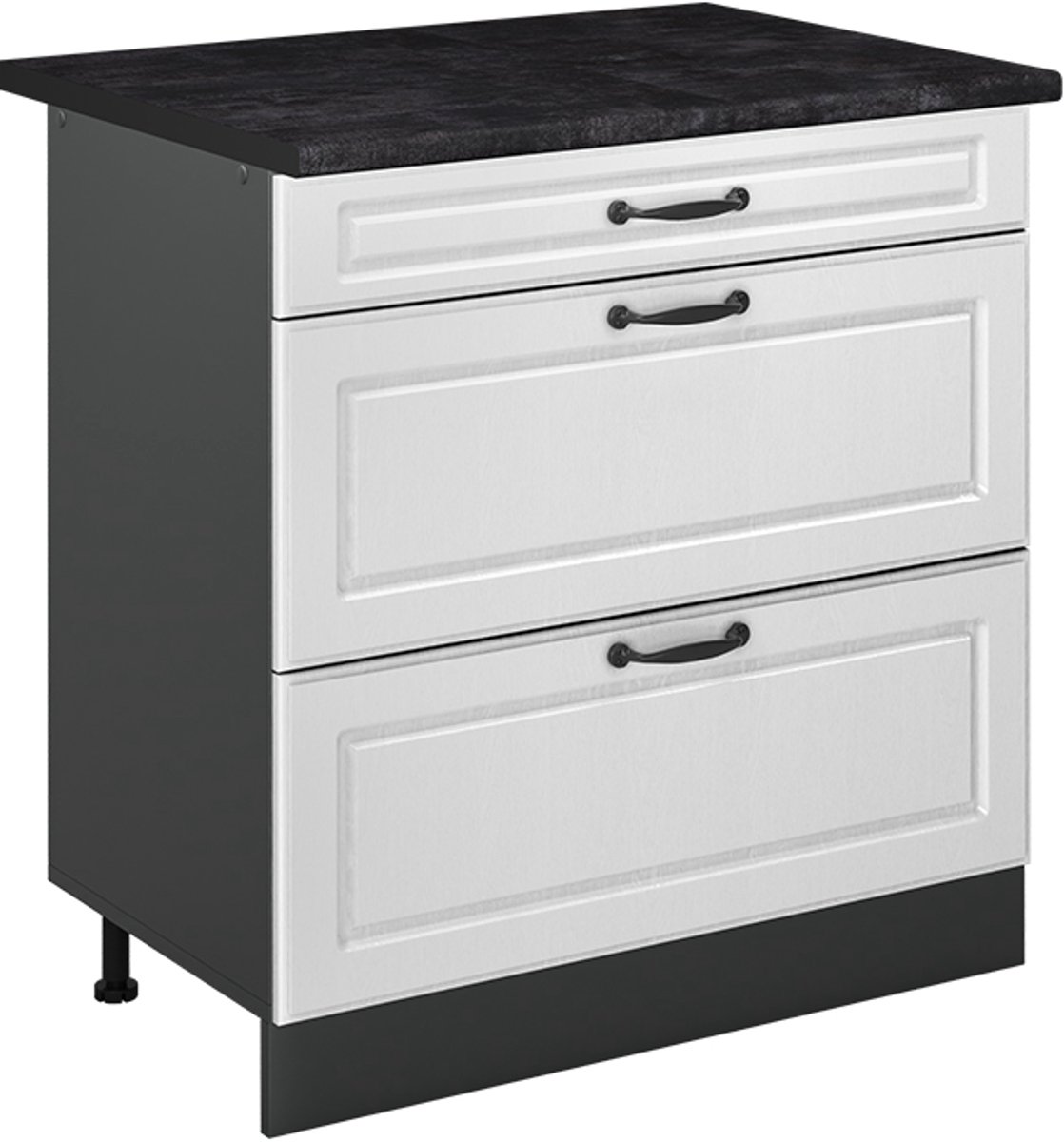 Vicco Keukenonderkast R-Line, Wit landelijk/Antraciet, 80 cm met 3 laden antraciet werkblad